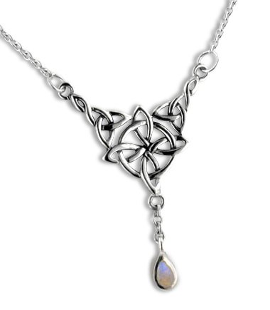 Sterling Silver Celtic Knot Four Point North Star with Genuine Rainbow Moonstone Drop 17 Adjustable Necklace