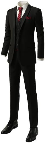 IDARBI Mens Slim-Fit Two Button Vested Solid Black Double-vented Striped Suit