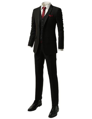 IDARBI Mens Slim-Fit Two Button Vested Solid Black Double-vented Striped Suit