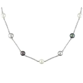 14KW 9-10mm black, white and grey freshwater pearl necklace, 18 inches by