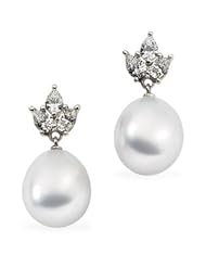 CleverEves 18K Palladium White Gold Pair 7 8Cttw 10.00mm Drop South Sea Cultured Pearl & Diamond earrings