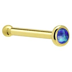 Solid 14KT Yellow Gold 2mm Dark Blue Synthetic Opal Nose Bone - 18 Gauge