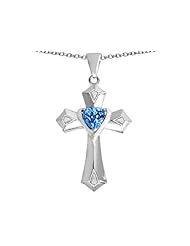 Original Star K (tm) Heart Cross Love Pendant with Heart Shape Simulated Blue Topaz in 925 Sterling Silver