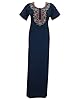 Womens Long Caftan Floral Embroidered Navy Blue Kaftans Nighty Dress Medium Size