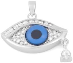 Sterling Silver Evil Eye Pendant Set with Cubic Zirconia, and a Dangling Tear-drop Accent
