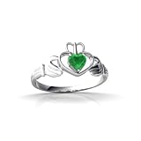 14K White Gold Genuine Heart Emerald Celtic Claddagh Ring