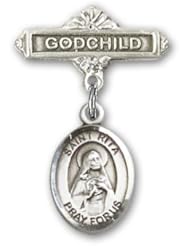 Sterling Silver Baby Badge with St. Rita Baseball Charm and Godchild Badge Pin