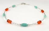 Damali .925 Silver Carnelian and Turquoise Beaded Anklet - Ankle Bracelets