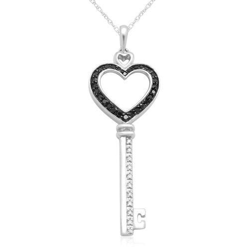 10k White Gold Black & White Diamond Heart Key Pendant (1/4 cttw, I-J Color, I3 Clarity), 18''