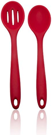 CookEasy's Silicone Mixing Spoon and Slotted Spoon Combo Pack with Hygienic Solid Coating (Cherry Red)