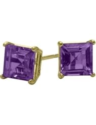 0.65Ct. Genuine 4mm Square Princess Amethyst 14 Karat Yellow Gold Stud Earrings for Girls