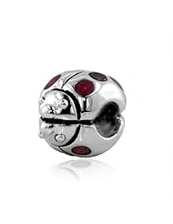 Sterling Silver Lady Bug Charm with Garnet and Red Enamel, Fits Jovana and All Brands Charm Bead Bracelets.
