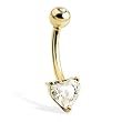 14K solid yellow gold belly button ring with heart-shaped stone and jeweled top ball