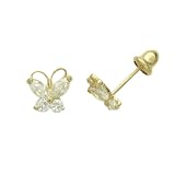 14K Gold Stud Earring CZ Cute Butterfly Yellow Gold Earring With Screw Back For Kids & Teens