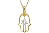 14K Yellow Gold Hand of God or Hamsa Pendant, Enhanced with a White Gold Star of David Pave Set Diamonds, Sliding on a 16 Cable-Chain Necklace.