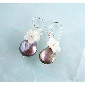 Sterling Silver Bahama Peacock Coin Pearl and Carved Mother-of-Pearl Flower Earrings
