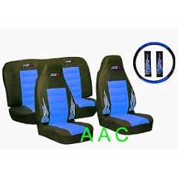 A Set of Universal-fit Type X Racing Style Front Bucket Seat Covers, Bench Seat Cover, Steering Wheel Cover and Shoulder Strap Cover - Blue