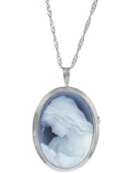 Sterling Silver Italian Blue Agate Mother and Baby Cameo Pin-Pendant Necklace, 18"