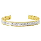 8mm Wide Silver Tone Greek Key with Gold Tone Edges Magnetic Cuff Bracelet