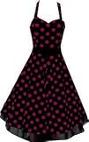 Pretty Kitty Fashion 50s Groß Lila Polka Dot Schwarz Weiß Neckholder Cocktail Kleid