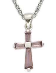 .925 Sterling Silver Birthstone February Amethyst Baguette Cross Pendant Necklaces Childrens Religious Jewelry Girls Cross Pendant Necklaces Gift Boxed w/Chain Necklace 16" Length Gift Boxed