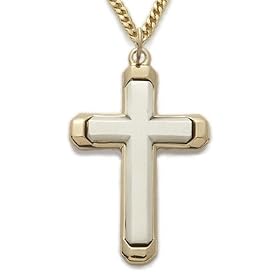 24K Gold Over Sterling Silver 1 1/4" 2-Tone Polished and Satin Brushed Cross Necklace on 24" Chain