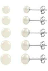 Set of 5 Sizes White Freshwater Pearls Sterling Silver Stud Earrings