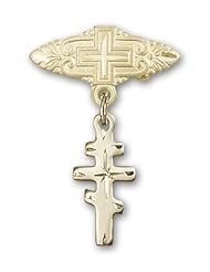 14K Gold Baby Badge with Greek Orthadox Cross Charm and Badge Pin with Cross