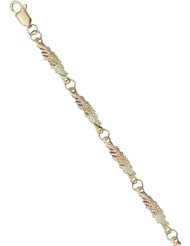 Womens Tricolor Gold Link Bracelet, with Black Hills Gold Twin Leaves and Grape Clusters, 7.25"