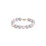 14k Yellow Gold 10mm Dyed Pink Gray Purple Masami Shell Pearl Bracelet with Filigree Clasp, 7.5
