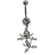 Stainless Steel Belly Ring with Clear Australian Crystals - Dangling skull and swords 14g/5mm ball