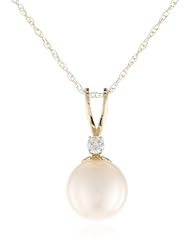 10k Yellow Gold 8mm Freshwater Cultured Pearl with Diamond Accent Pendant Necklace, 18"