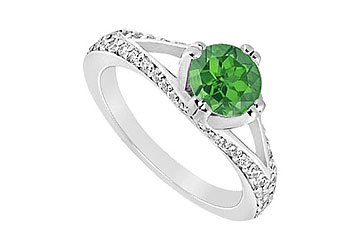 Emerald and Diamond Engagement Ring : 14K White Gold - 1.00 CT TGW