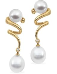 18K Yellow Gold Pair .06Ctt/11.00mm Fine Drop South Sea Cultured Pearl & Diamond Earring