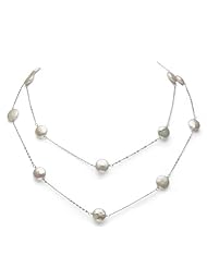 Sterling Silver 10-11mm Coin Shape Freshwater Pearl Tin Cup Endless Necklace 36" Length.