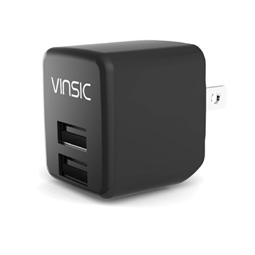 USB Charger, Vinsic 2.4A USB Charger 12W Dual USB Wall Charger for iPhone 5 5s 5c, iPad, samsung galaxy, and Android or USB Devices (Black)