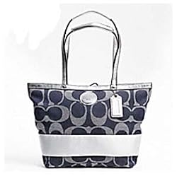 NEW WITH TAGS COACH SIGNATURE STRIPE TOTE DENIM BLUE SILVER F 17433