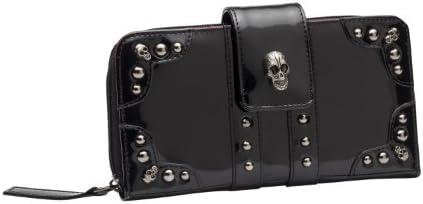 Rock Rebel Parlor Shiny Black Skull Studded Wallet Dark Red Satin Lining