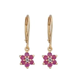 18k Yellow Gold Plated Sterling Silver Ruby Flower Dangle Earrings