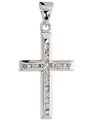 14k White Gold 3/4" (19mm) tall Diamond Latin Cross Pendant, w/ 0.12 Carat Brilliant Cut Diamonds