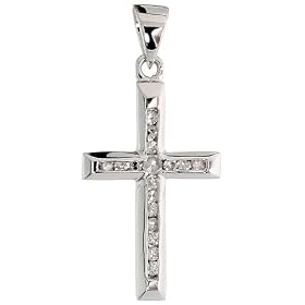 14k White Gold 3/4" (19mm) tall Diamond Latin Cross Pendant, w/ 0.12 Carat Brilliant Cut Diamonds