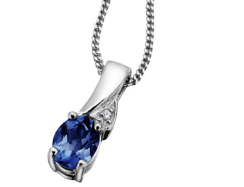 Sapphire Gemstone Pendant with Diamonds (1/2 inch) in White Gold with Chain