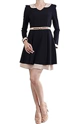 V-neck Pleated Long Sleeves Two-Toned Skater Dress 