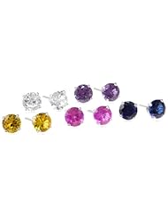 Sterling Silver Created Pink, White, Yellow, Purple, and Blue Created Gemstone Stud Earrings (7.8 cttw), Set of 5