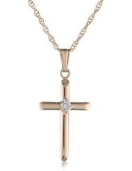 14k Yellow Gold Solid Beveled Tip Cross with Genuine Diamond Pendant Necklace, 18"