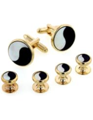 JJ Weston yellow gold plated Ying and Yang cufflinks and shirt studs formal set with mother of pearl and onyx. Presentation boxed. Made in the U.S.A