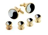 Yellow gold plated Ying and Yang cufflinks and shirt studs formal set with mother of pearl and onyx. Presentation boxed. Made in the U.S.A