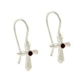 Sterling Silver Dark Red Rhinestone Cross Dangle Earrings Holiday Gift!