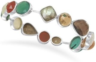 Chunky Multistone Bangle Bracelet Sterling silver chunky multistone bangle bracelet. The stones include rainbow moonstone, peach moonstone, turquoise, citrine, carnelian, shell, prehnite, green onyx, labradorite and smoky quartz. The stones are oval, round and pear shape. The bracelet is approximately 10mm wide. .925 Sterling Silver