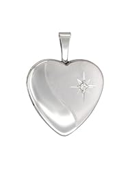 Sterling Silver Small Diamond Heart Heart Locket Necklace 5/8 inch